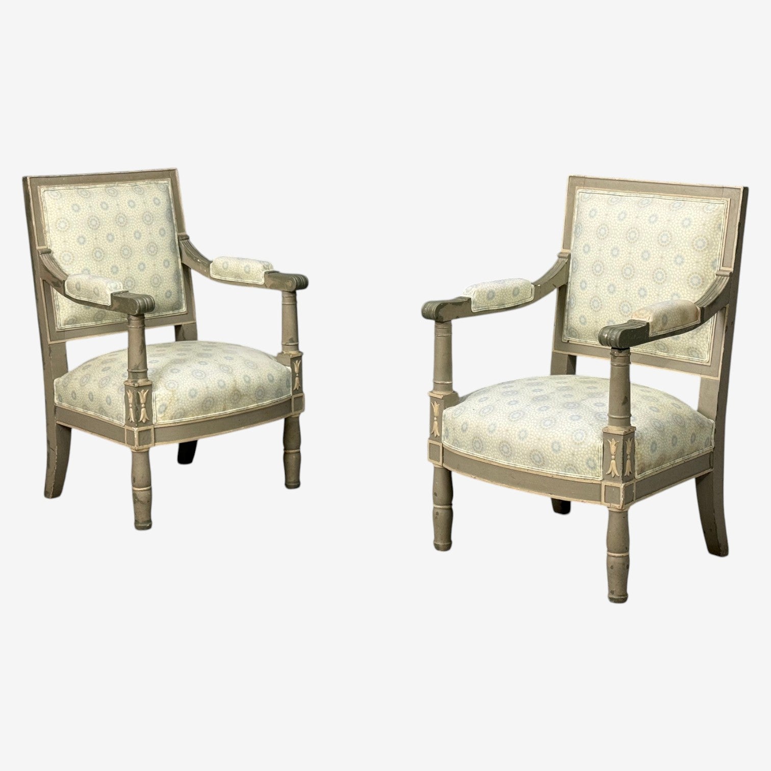 Gustavian, Lounge Chairs, Grey Paint Decorated, Fabric, Sweden, 19th c.