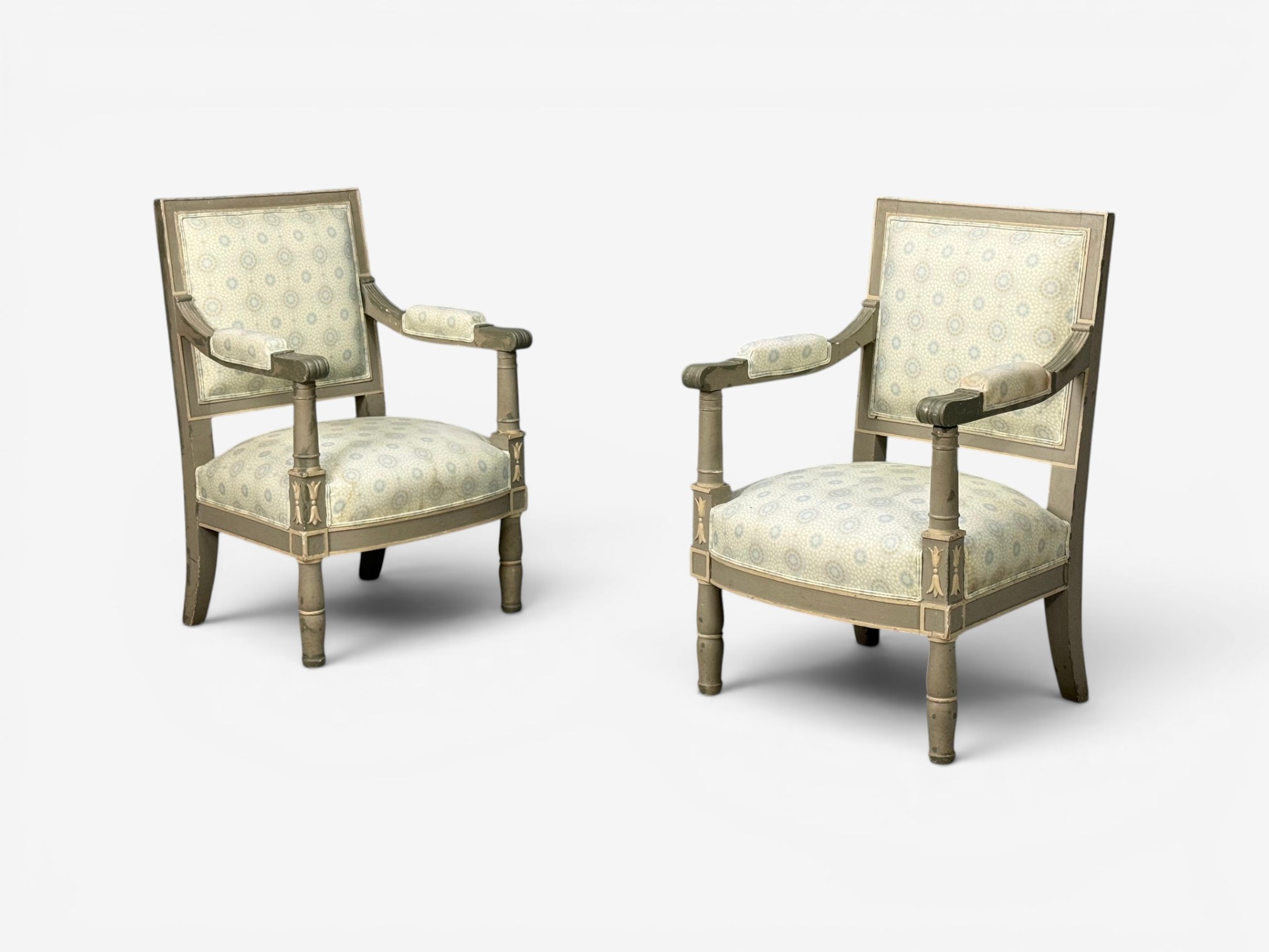 Gustavian, Lounge Chairs, Grey Paint Decorated, Fabric, Sweden, 19th c.