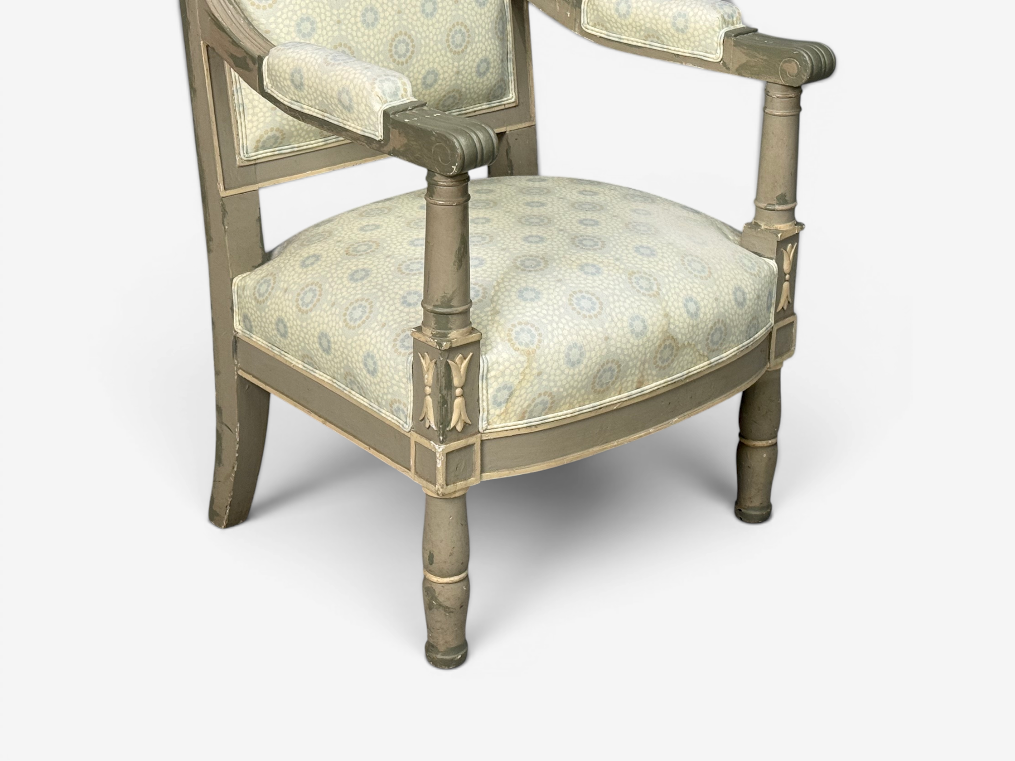 Gustavian, Lounge Chairs, Grey Paint Decorated, Fabric, Sweden, 19th c.