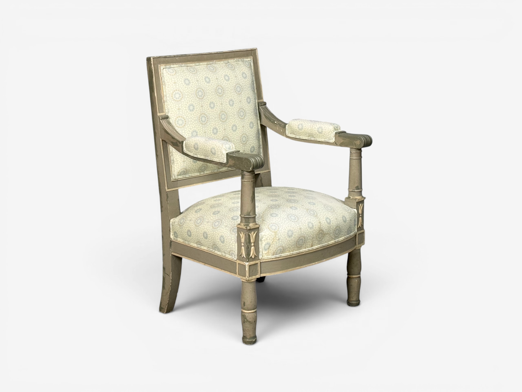 Gustavian, Lounge Chairs, Grey Paint Decorated, Fabric, Sweden, 19th c.