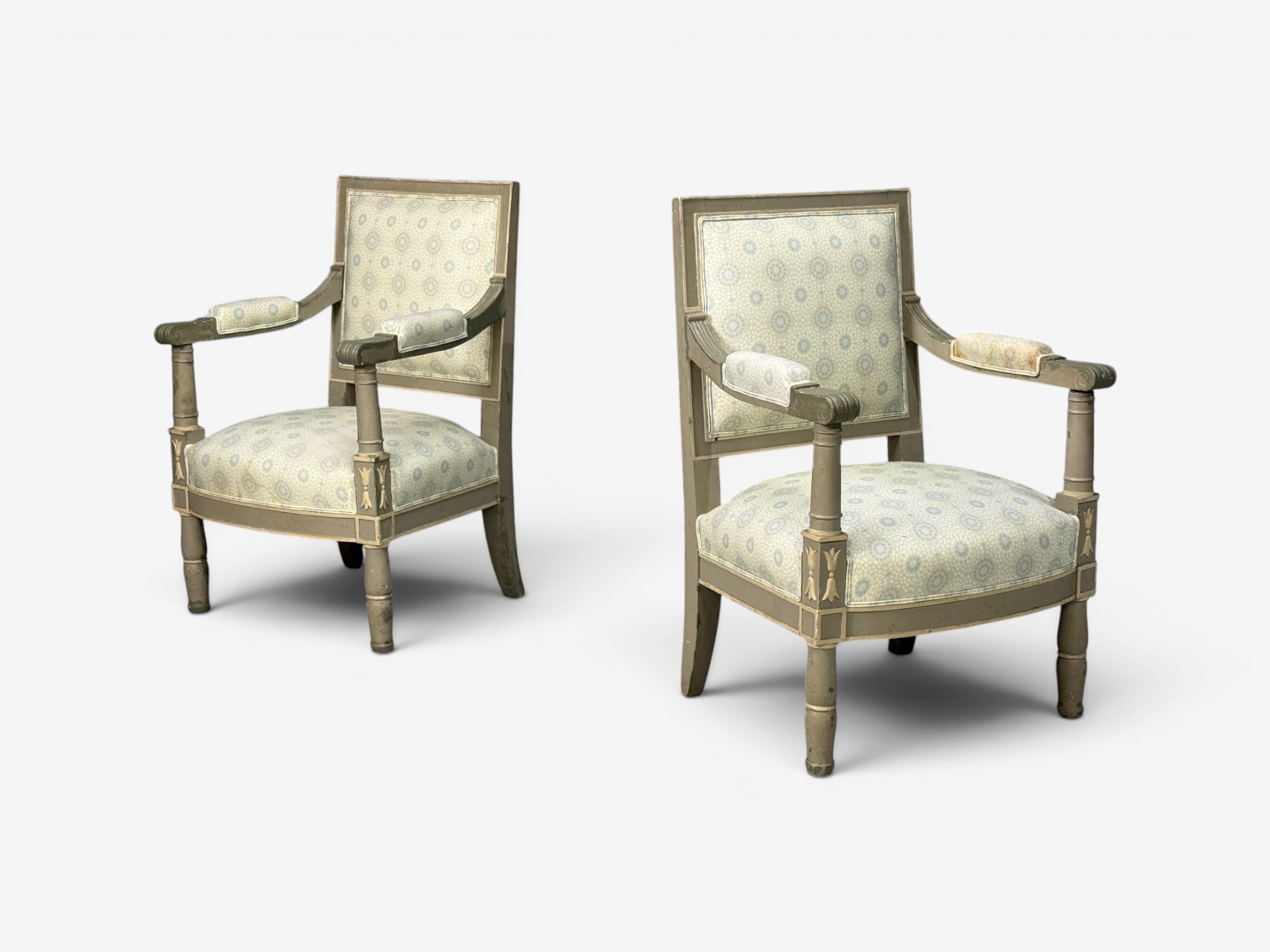Gustavian, Lounge Chairs, Grey Paint Decorated, Fabric, Sweden, 19th c.