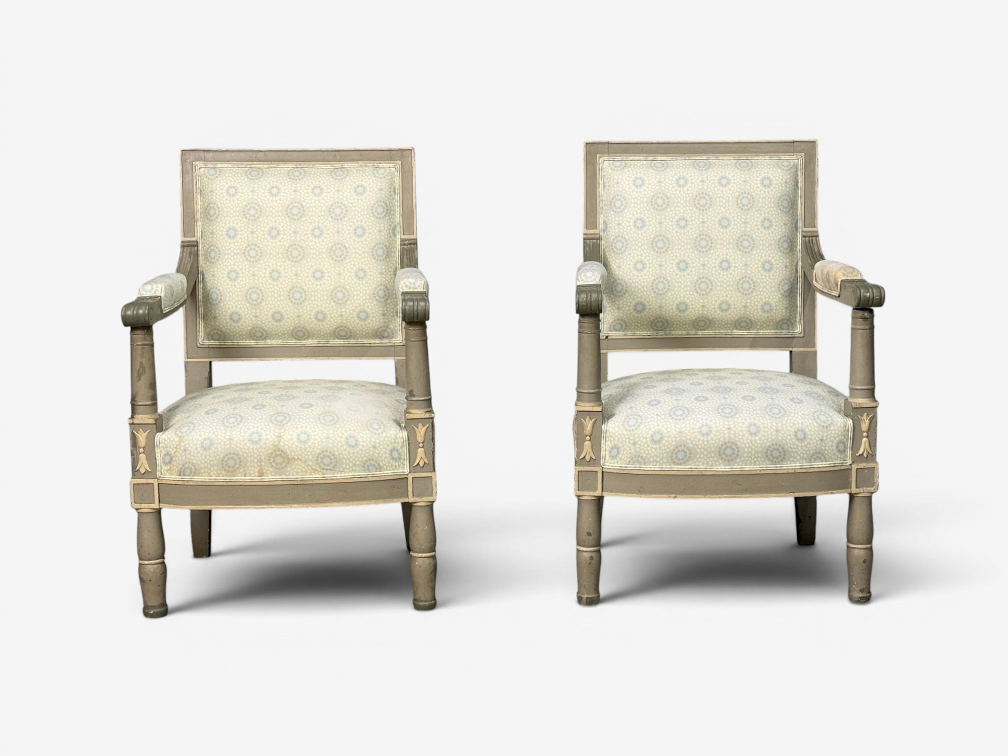 Gustavian, Lounge Chairs, Grey Paint Decorated, Fabric, Sweden, 19th c.
