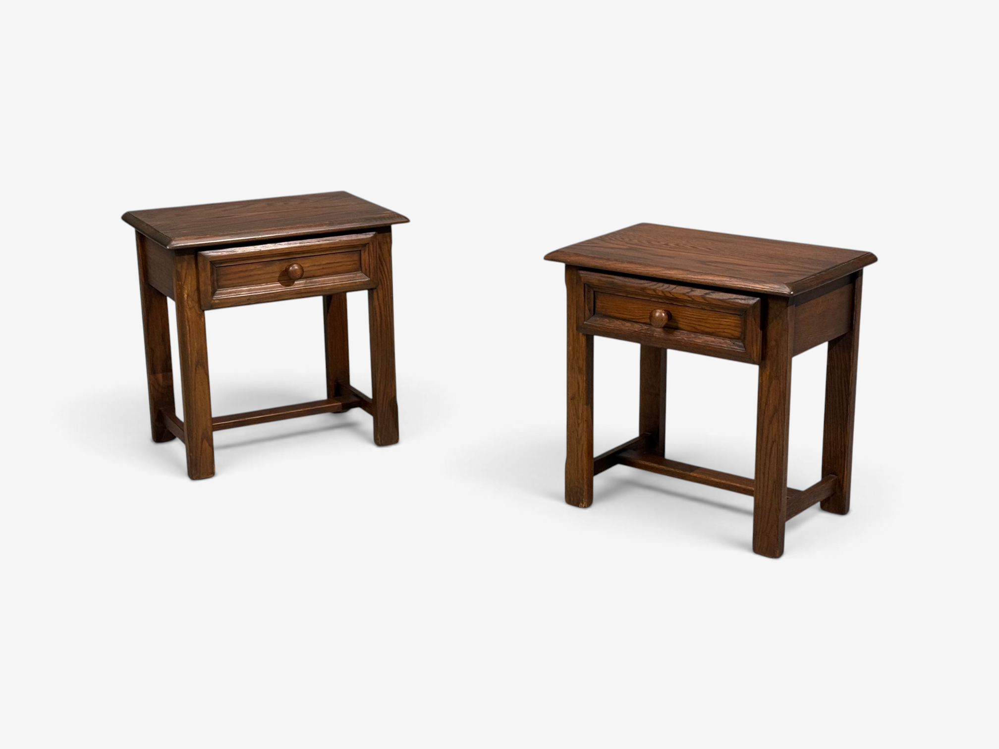 French Modern, Brutalist Nightstands, Oak, France, 1960s