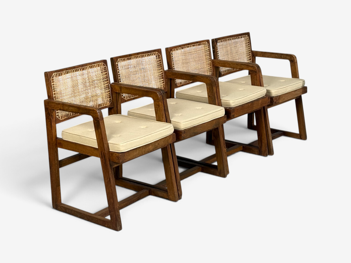 Pierre Jeanneret, Six Dining Chairs, Teak, Cane, Chandigarh, India, 1960s