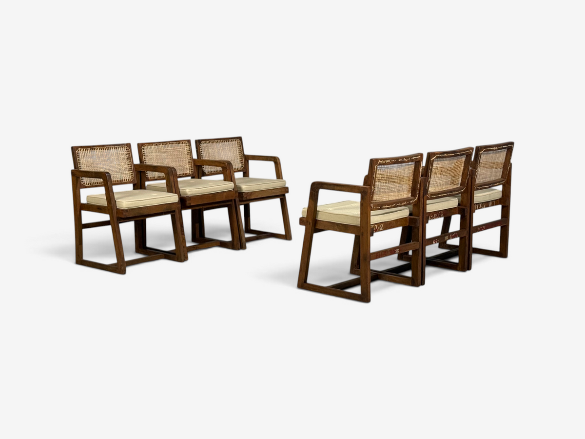Pierre Jeanneret, Six Dining Chairs, Teak, Cane, Chandigarh, India, 1960s