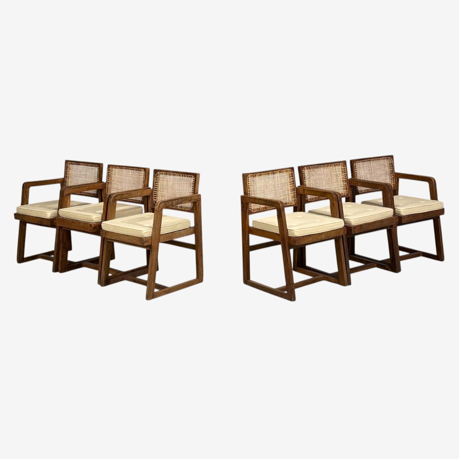 Pierre Jeanneret, Six Dining Chairs, Teak, Cane, Chandigarh, India, 1960s
