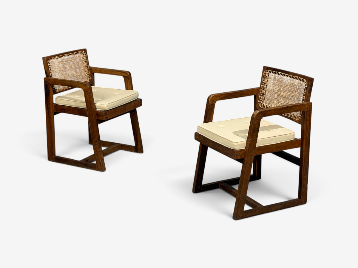 Pierre Jeanneret, Six Dining Chairs, Teak, Cane, Chandigarh, India, 1960s
