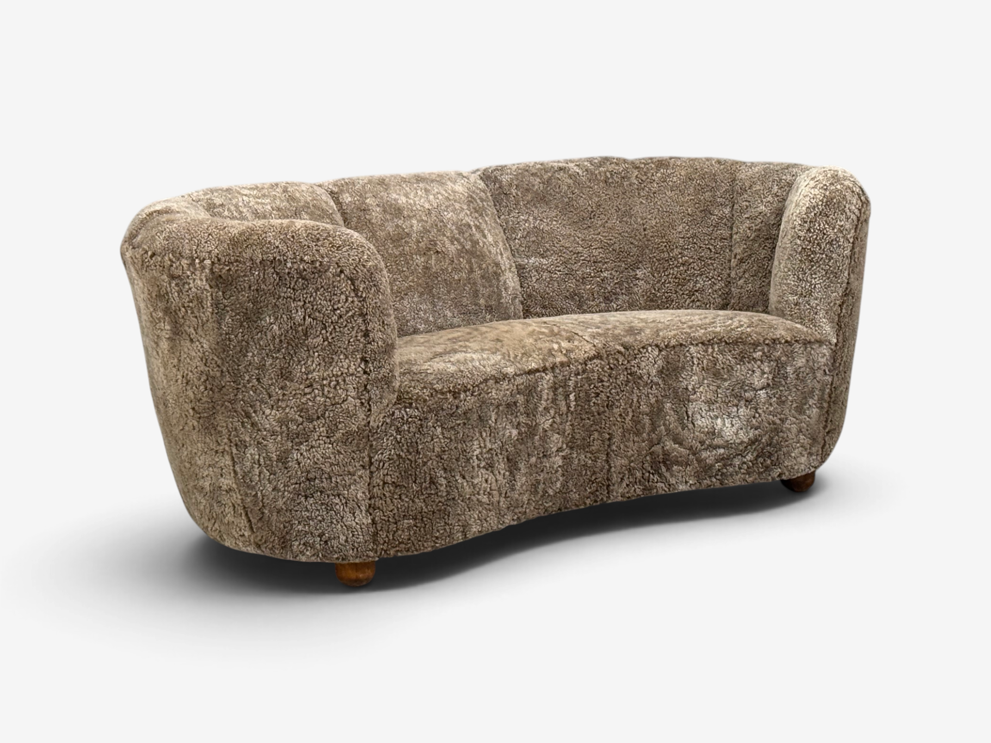 Danish Cabinetmaker, Banana Sofa, Sahara Sheepskin, Beechwood, Denmark, 1940s