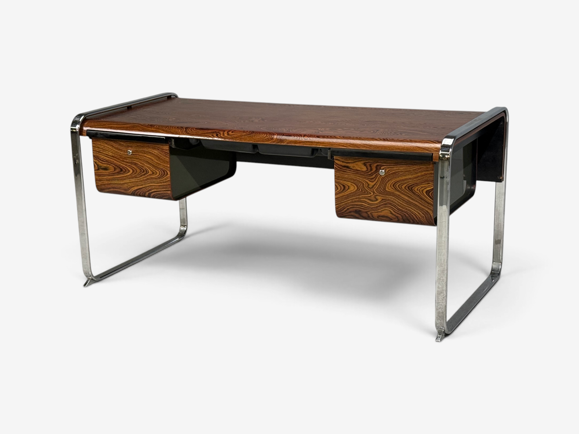 Peter Protzman, Unique Writing Desk, Zebrawood, Chrome, USA, 1970s