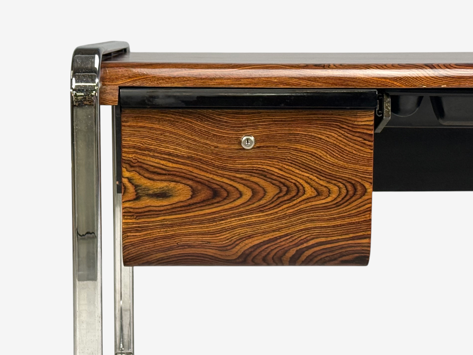 Peter Protzman, Unique Writing Desk, Zebrawood, Chrome, USA, 1970s