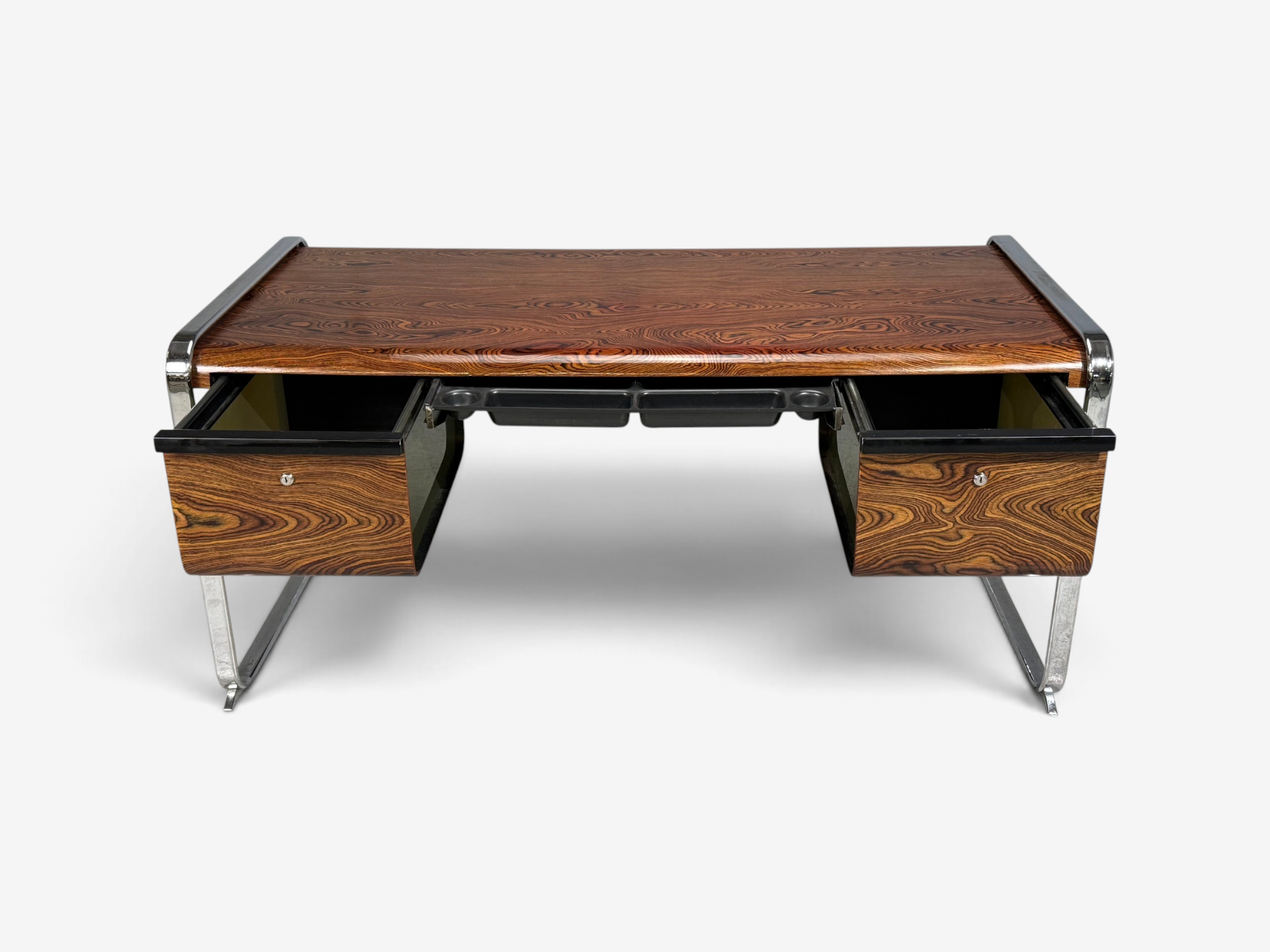 Peter Protzman, Unique Writing Desk, Zebrawood, Chrome, USA, 1970s