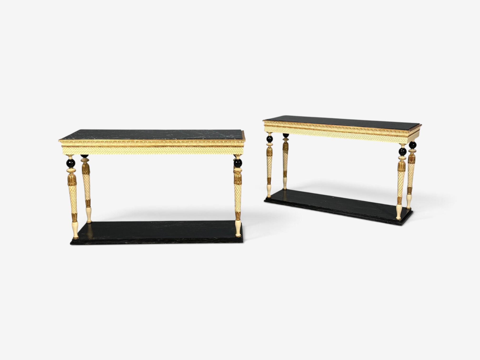 Maison Jansen attr, Neoclassical Style Console Tables, Carved Wood, Black Marble