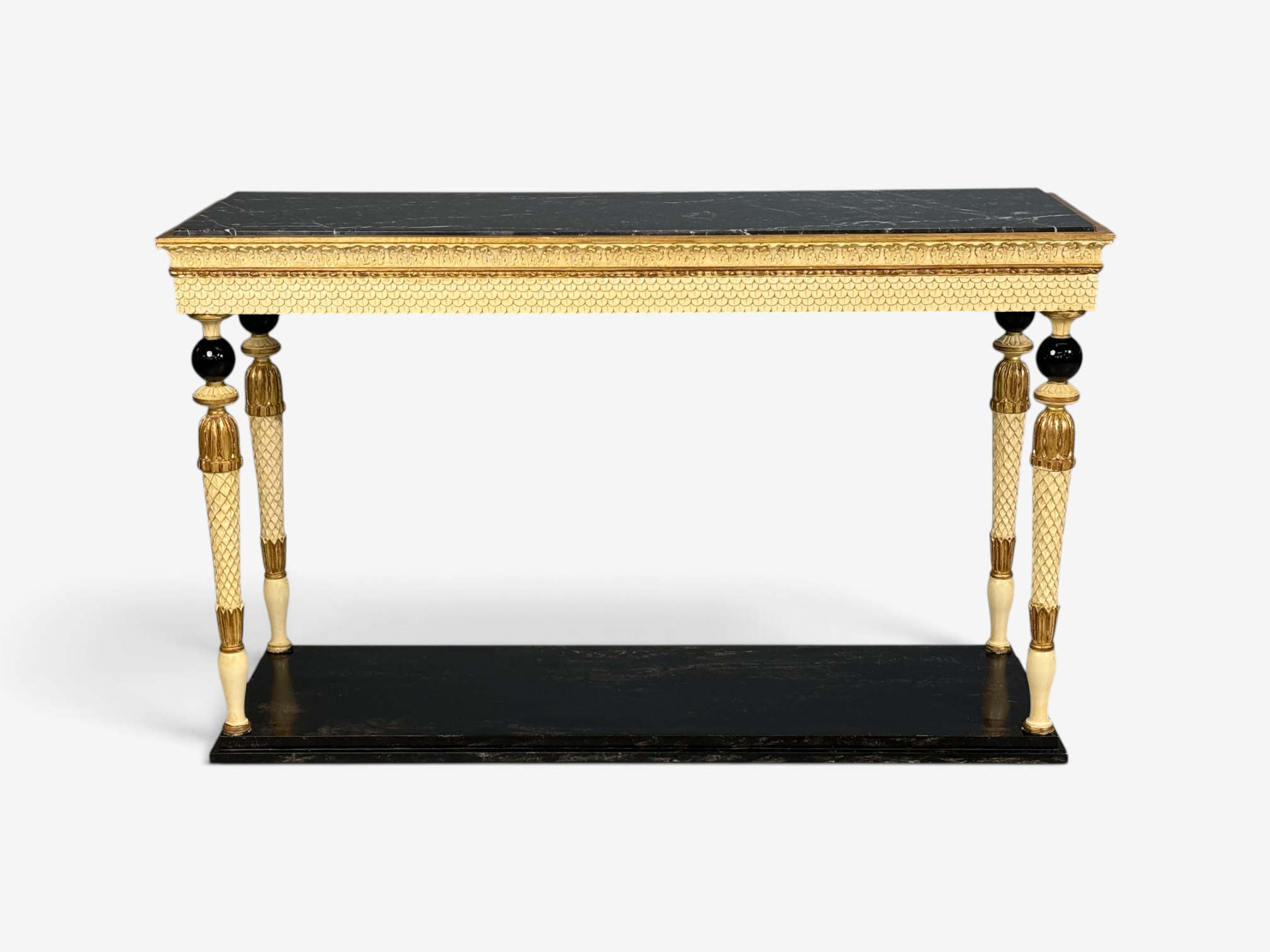 Maison Jansen attr, Neoclassical Style Console Tables, Carved Wood, Black Marble