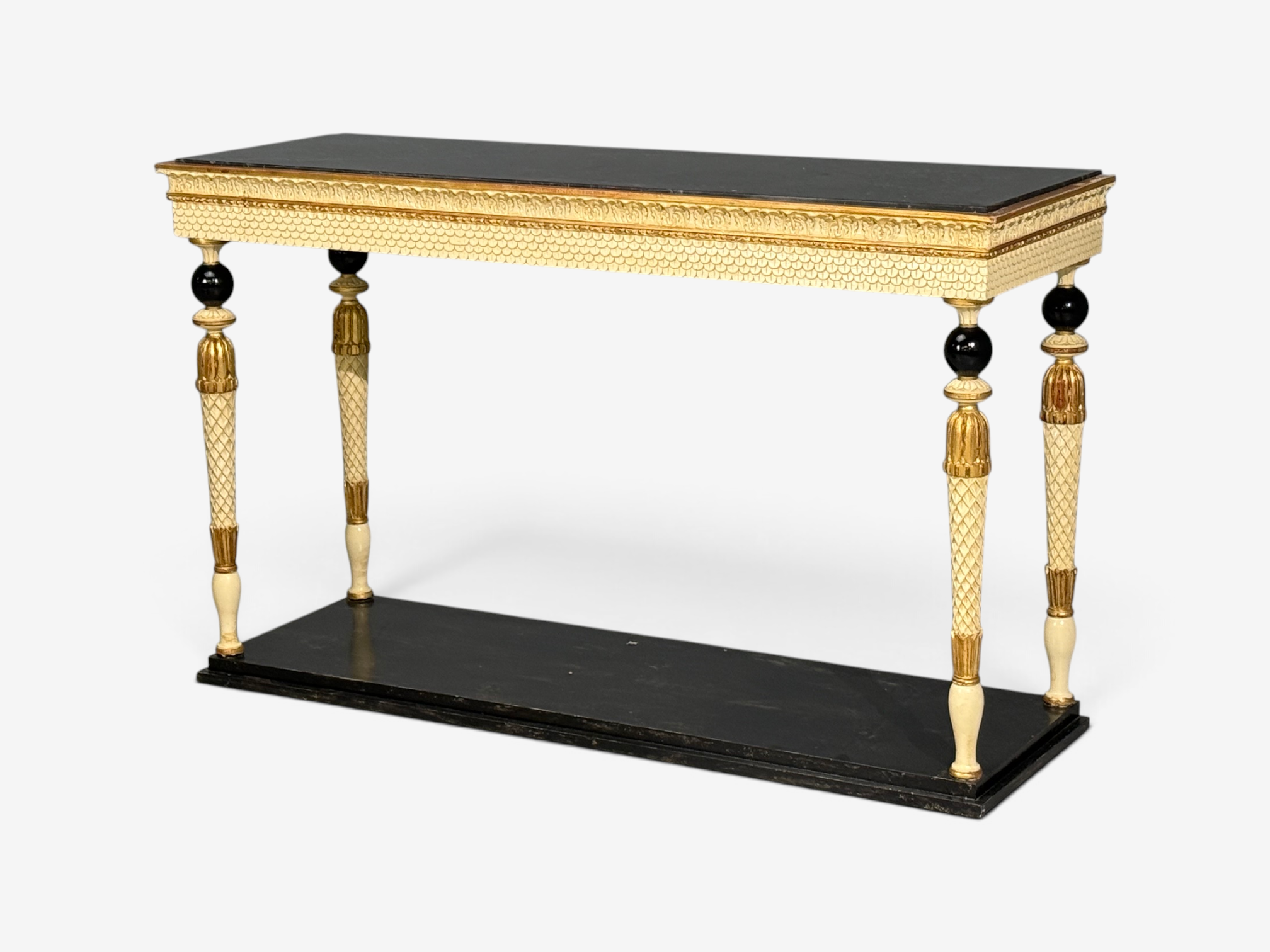 Maison Jansen attr, Neoclassical Style Console Tables, Carved Wood, Black Marble