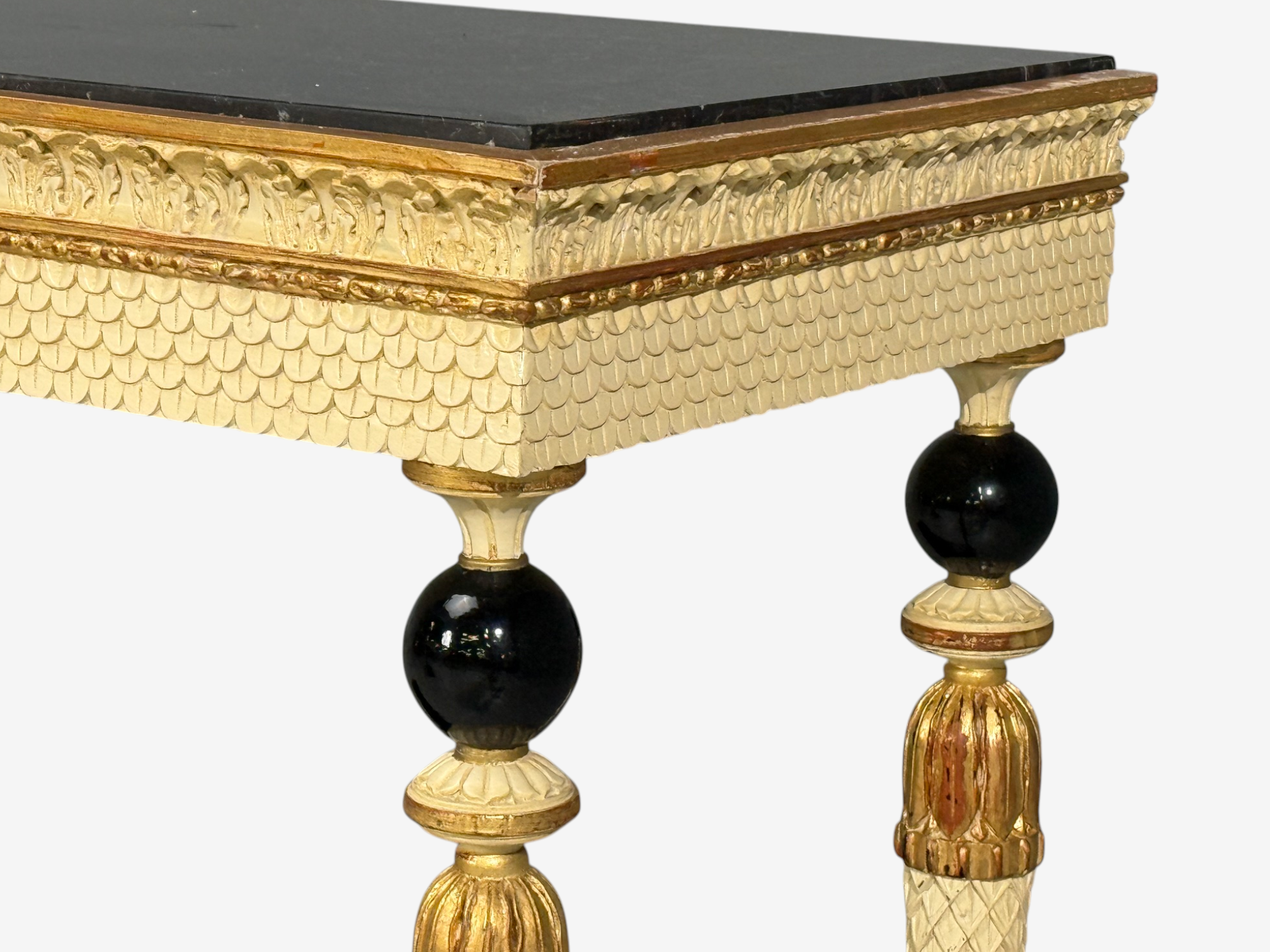 Maison Jansen attr, Neoclassical Style Console Tables, Carved Wood, Black Marble