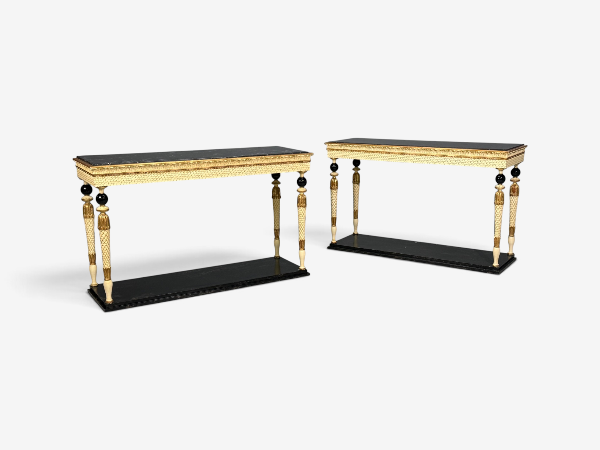 Maison Jansen attr, Neoclassical Style Console Tables, Carved Wood, Black Marble