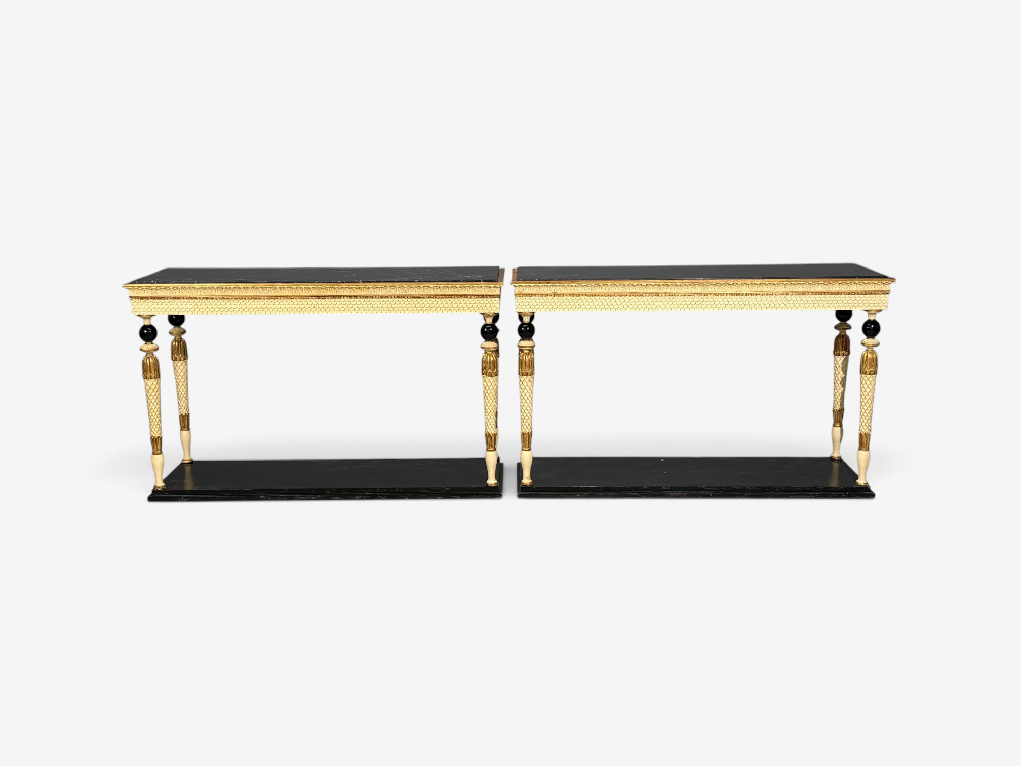 Maison Jansen attr, Neoclassical Style Console Tables, Carved Wood, Black Marble
