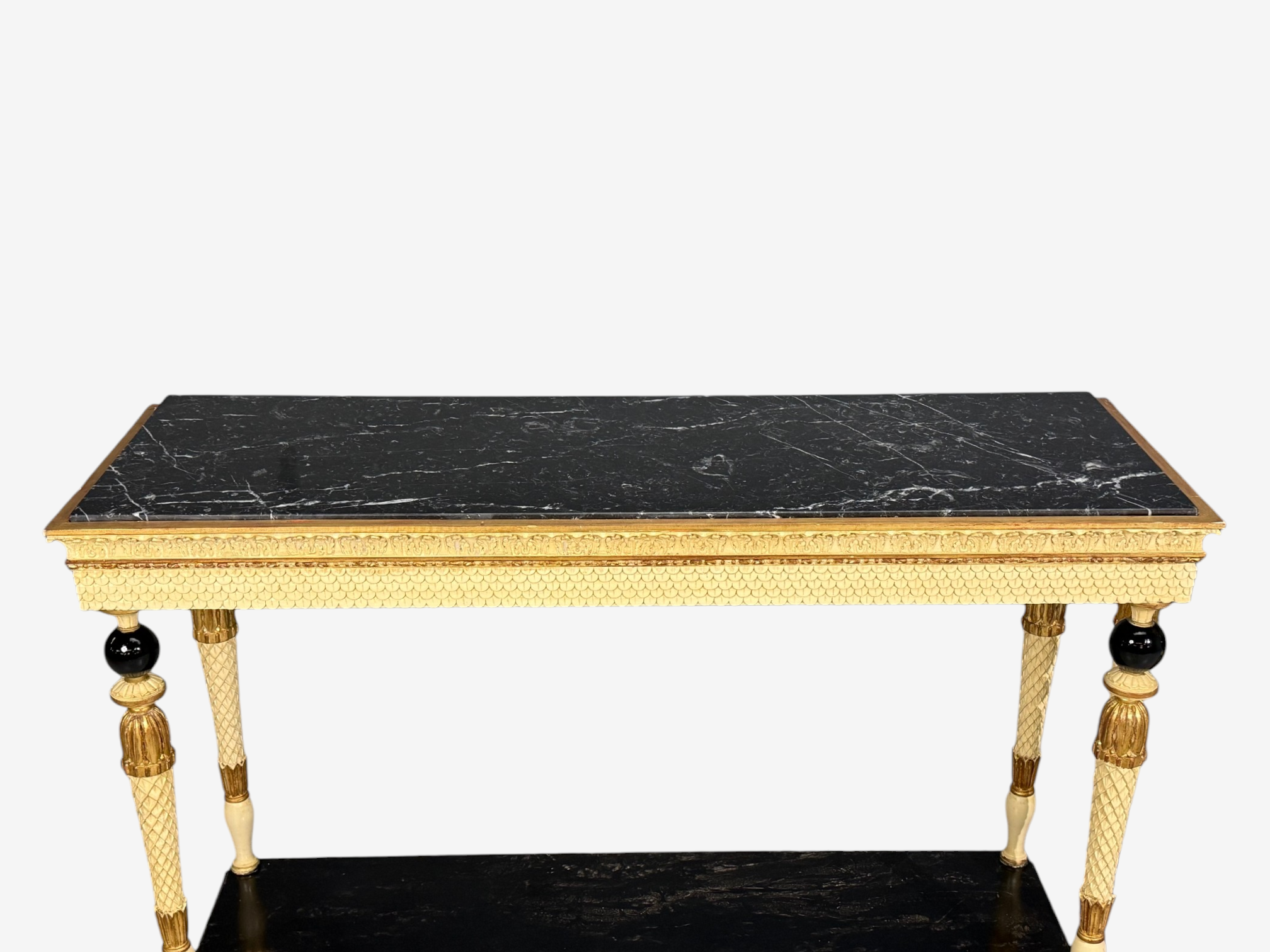 Maison Jansen attr, Neoclassical Style Console Tables, Carved Wood, Black Marble