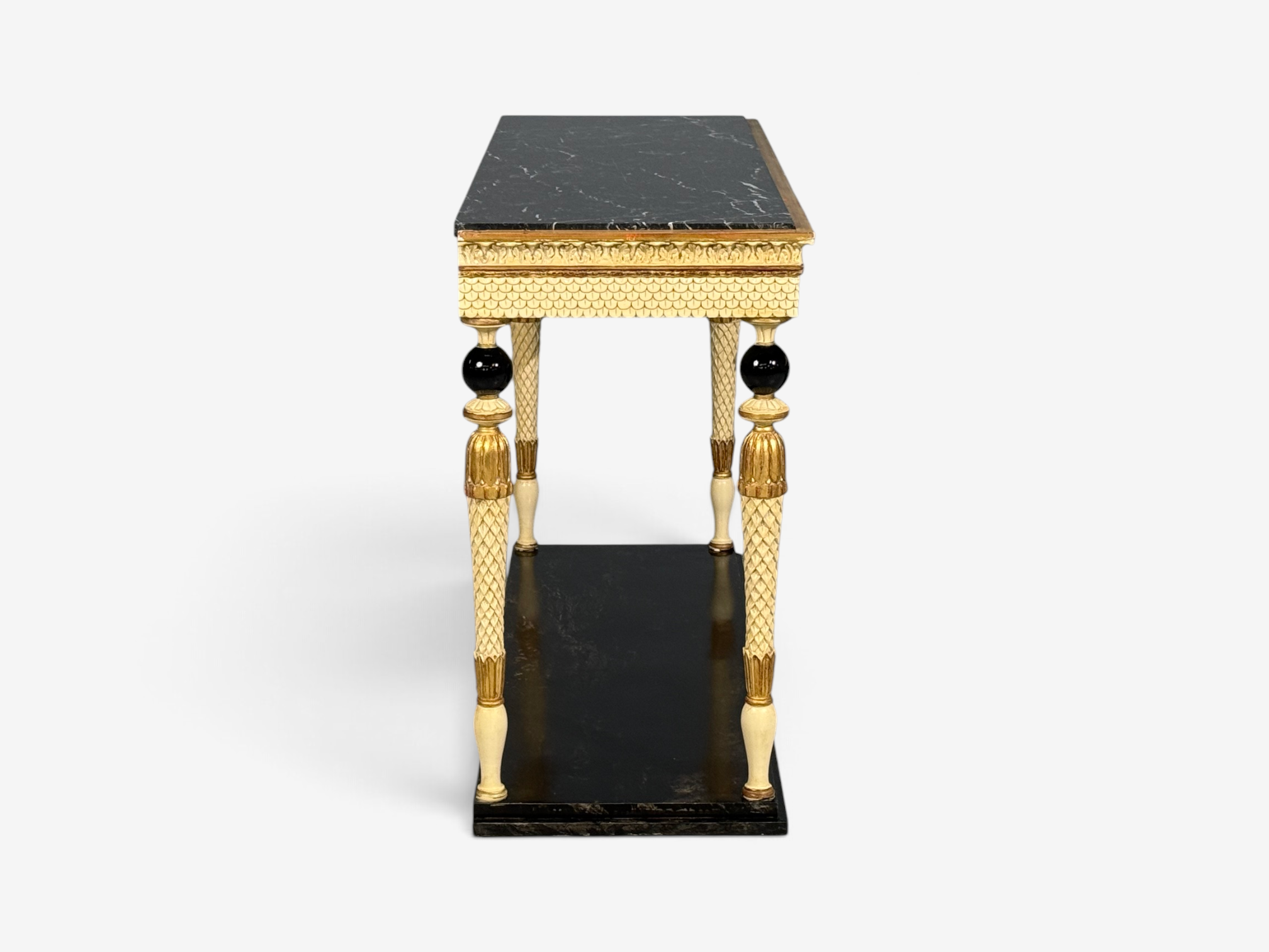 Maison Jansen attr, Neoclassical Style Console Tables, Carved Wood, Black Marble