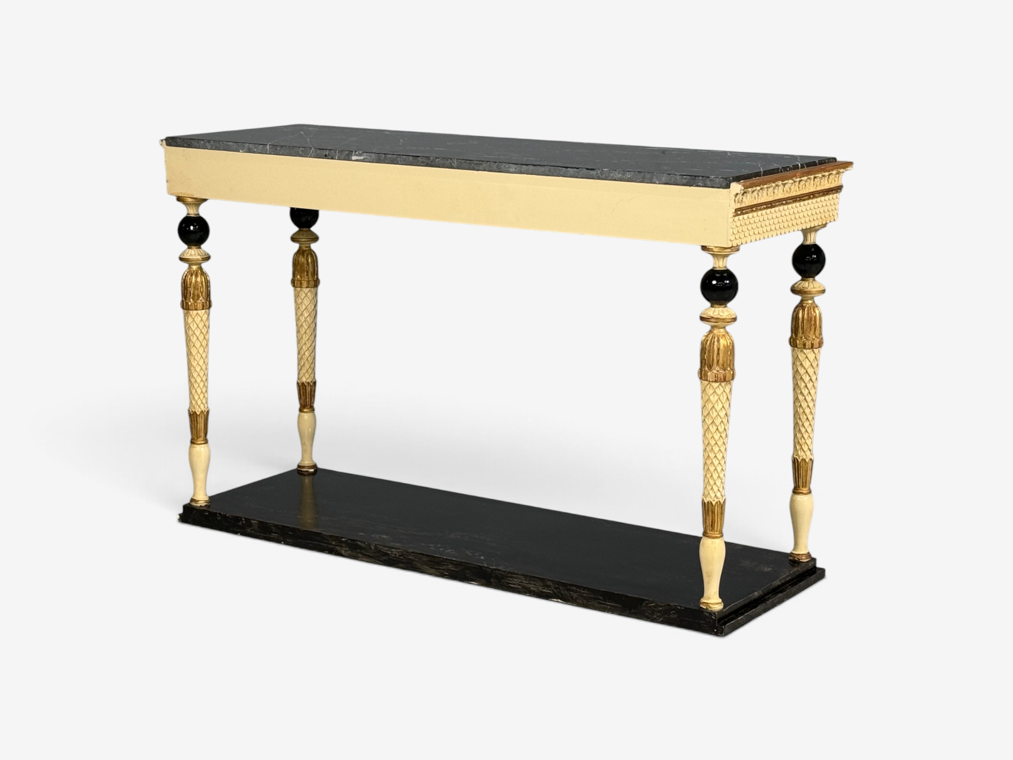 Maison Jansen attr, Neoclassical Style Console Tables, Carved Wood, Black Marble