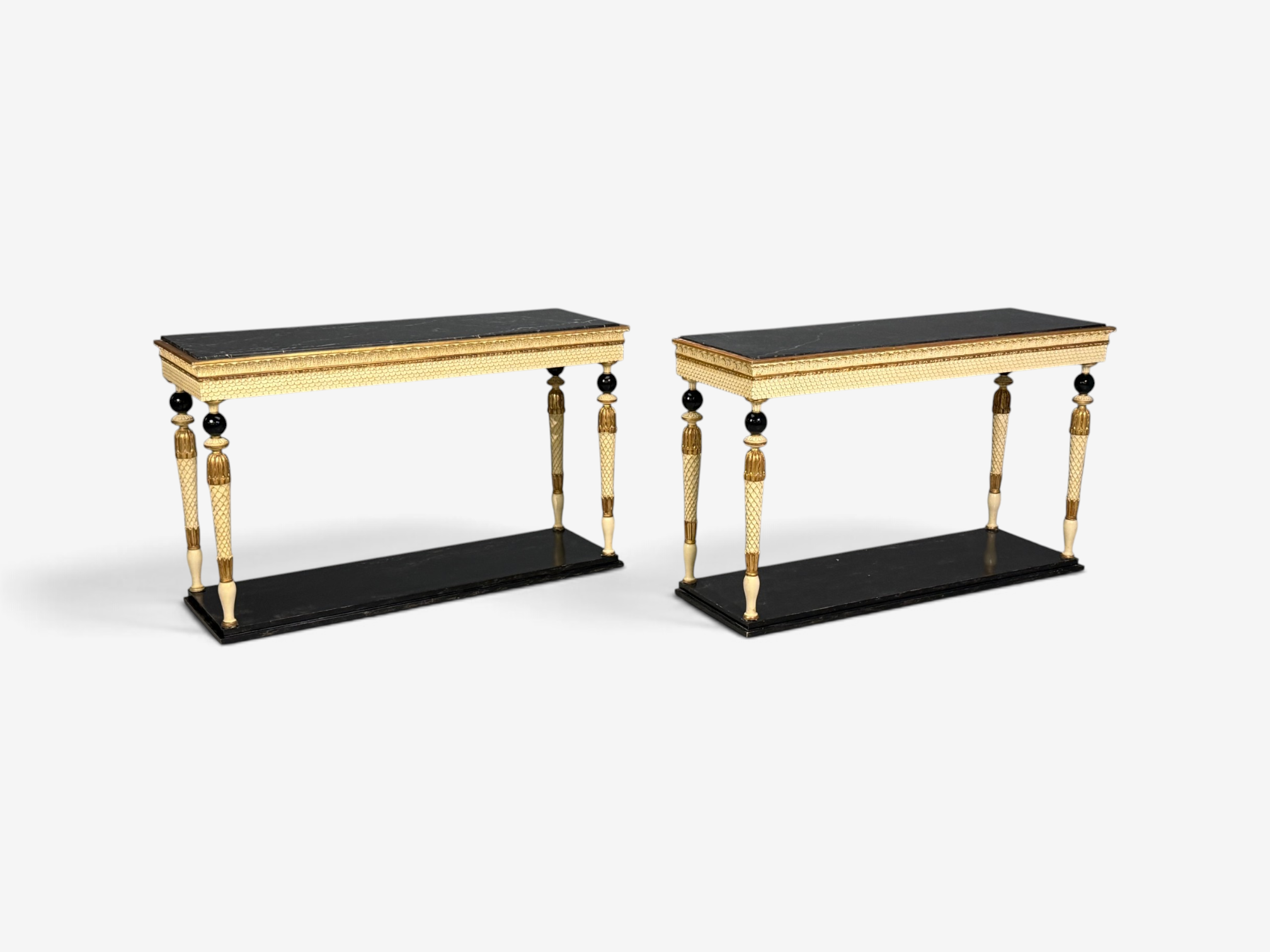 Maison Jansen attr, Neoclassical Style Console Tables, Carved Wood, Black Marble