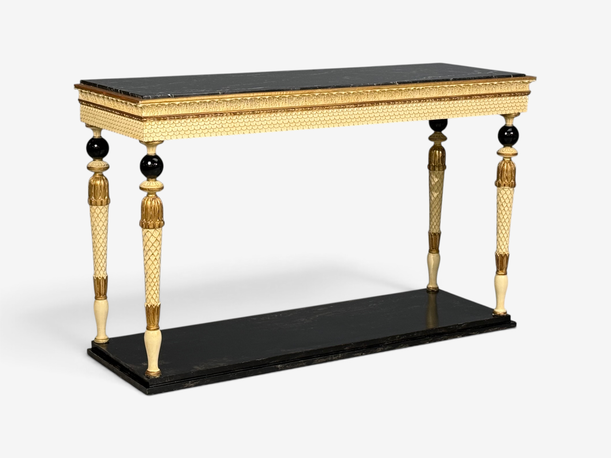 Maison Jansen attr, Neoclassical Style Console Tables, Carved Wood, Black Marble