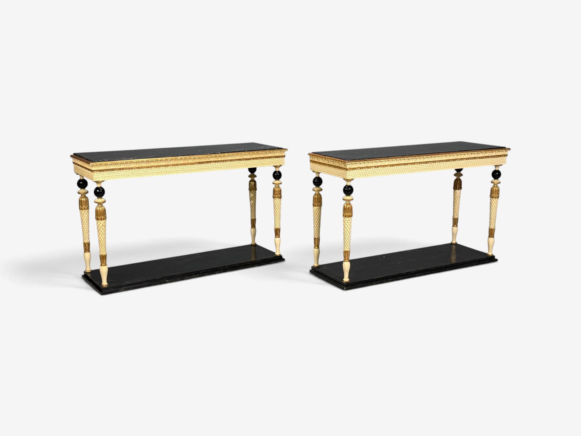 Maison Jansen attr, Neoclassical Style Console Tables, Carved Wood, Black Marble