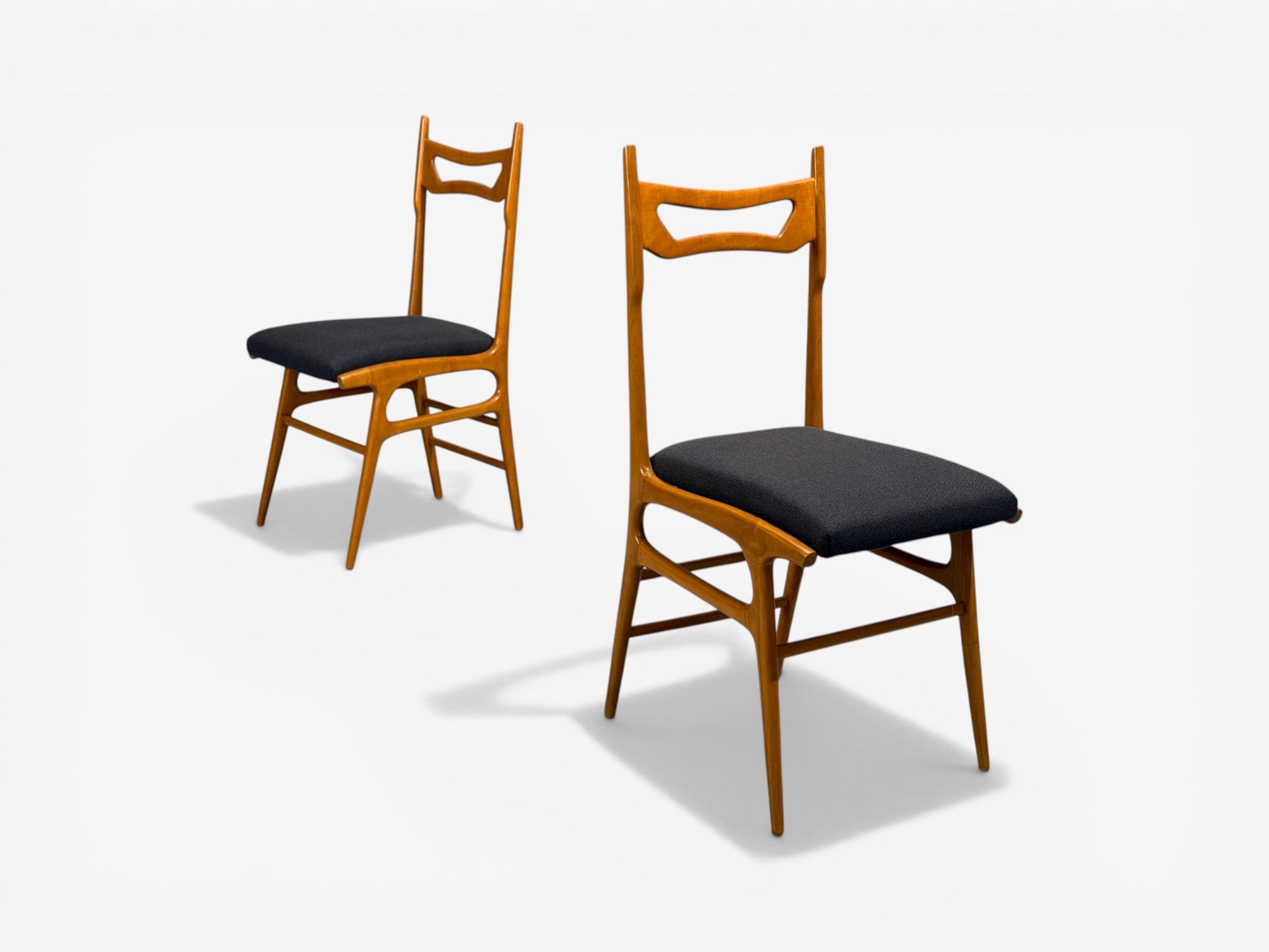 Vittorio Vago Mobili, Six Dining Chairs, Fruitwood, Fabric, Italy, 1960s
