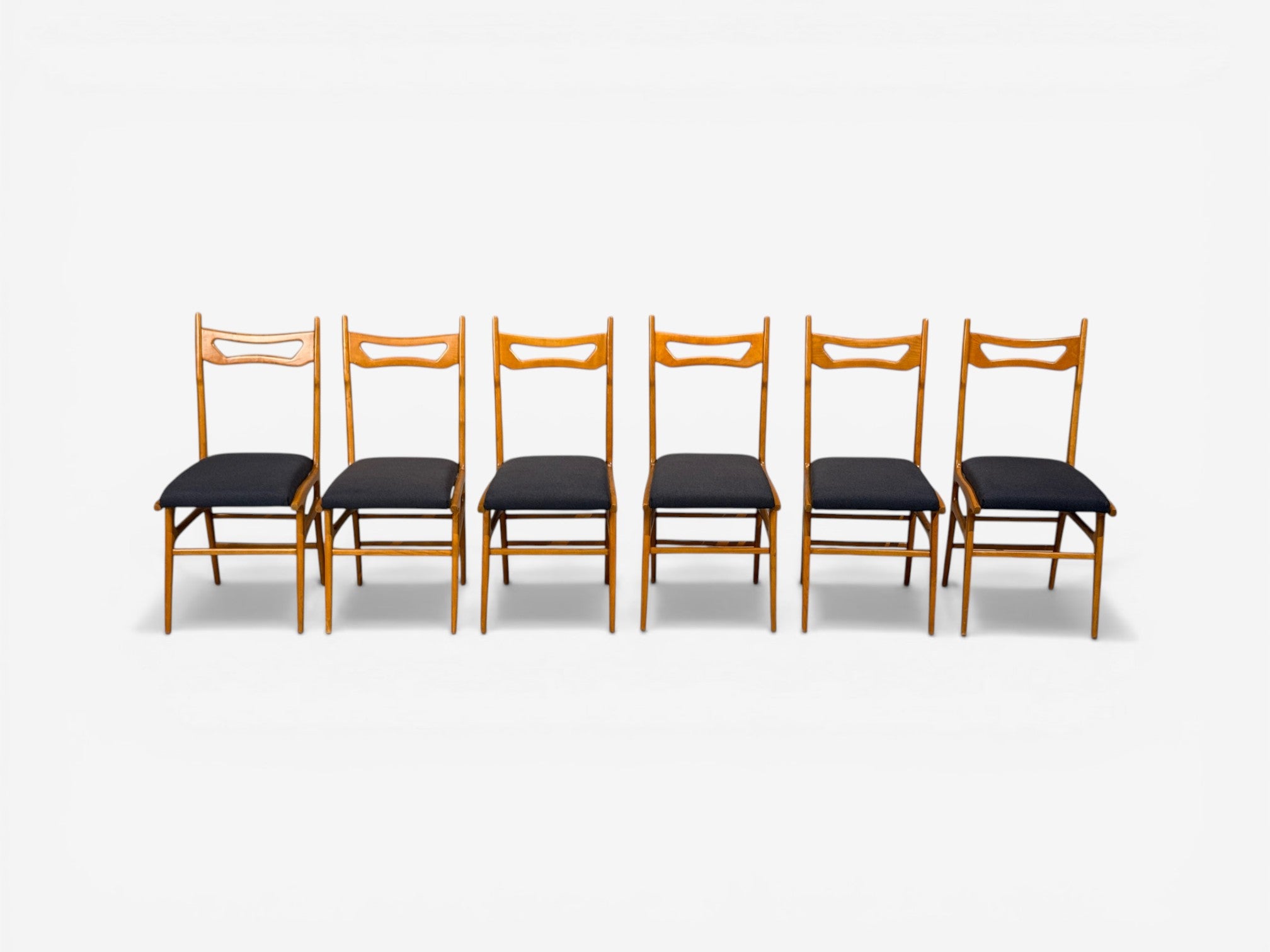 Vittorio Vago Mobili, Six Dining Chairs, Fruitwood, Fabric, Italy, 1960s