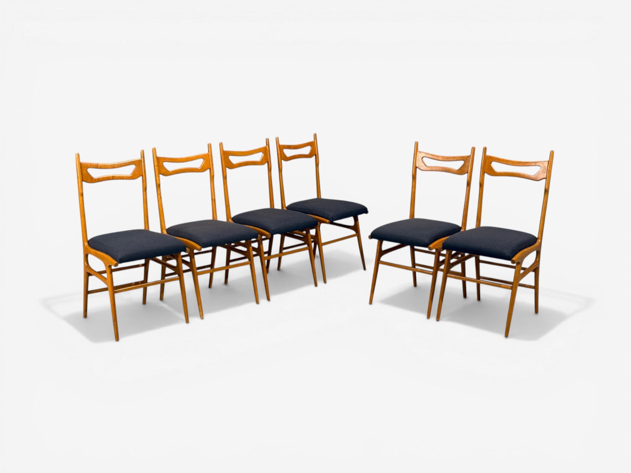 Vittorio Vago Mobili, Six Dining Chairs, Fruitwood, Fabric, Italy, 1960s