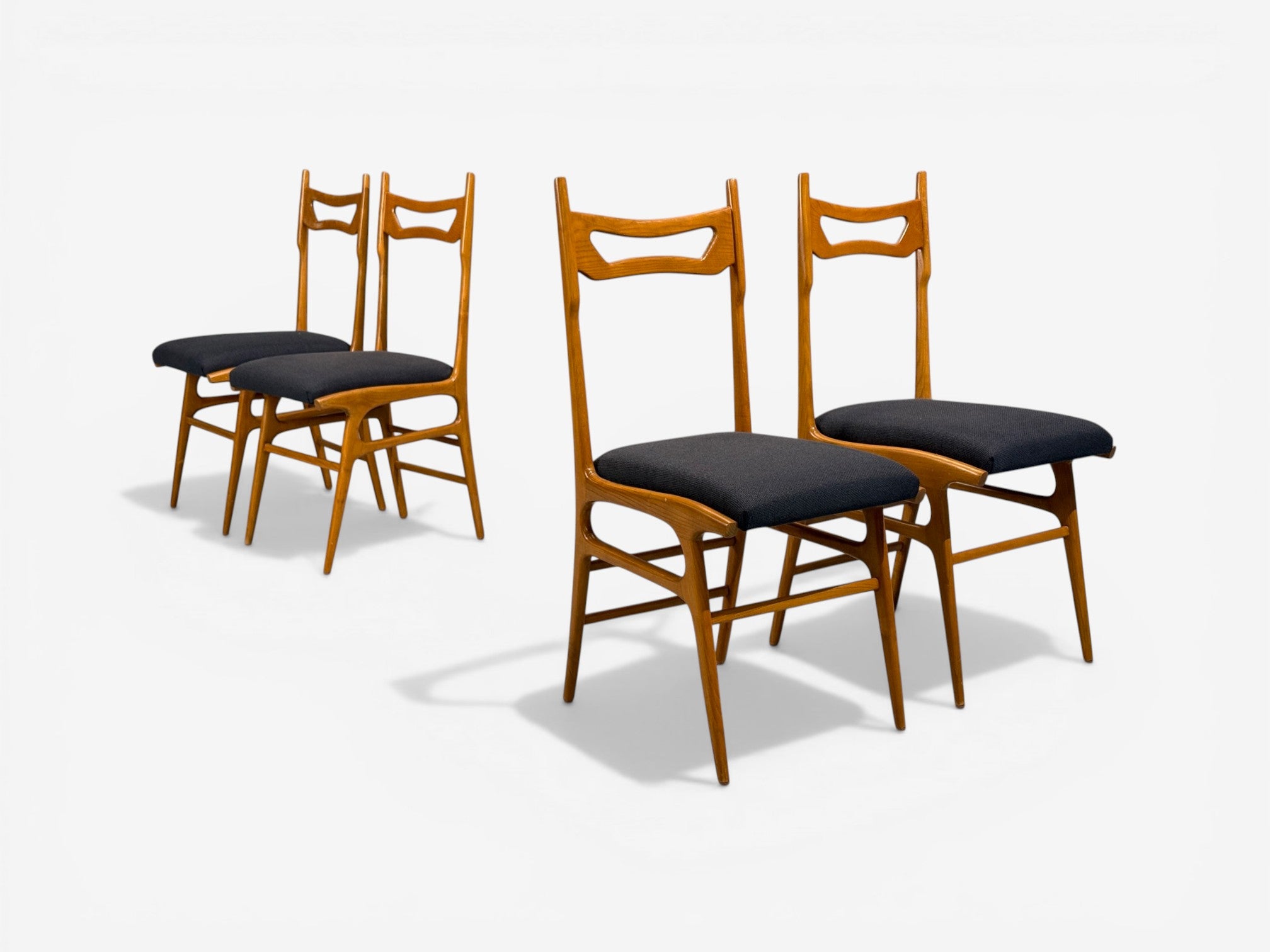 Vittorio Vago Mobili, Six Dining Chairs, Fruitwood, Fabric, Italy, 1960s