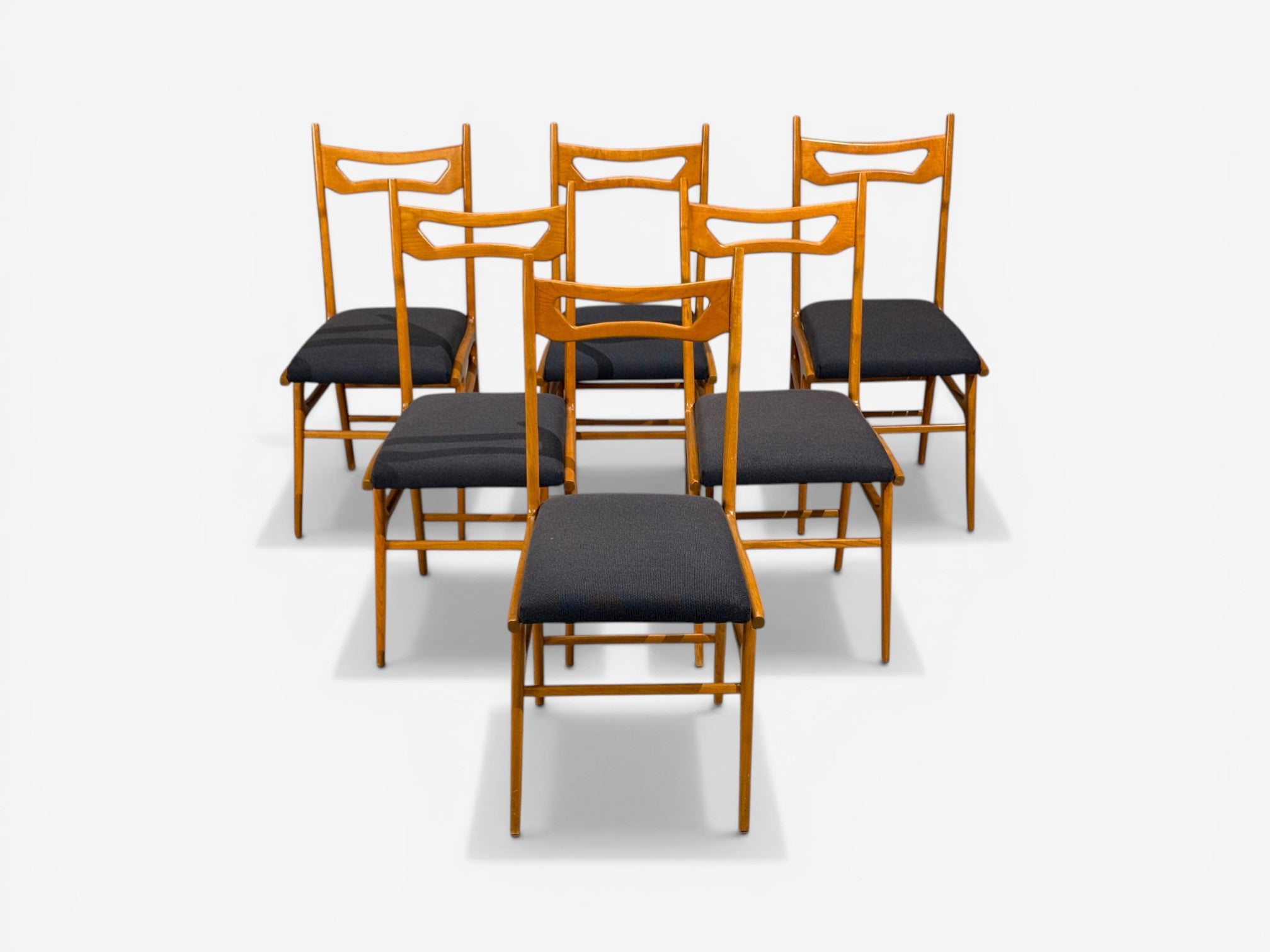 Vittorio Vago Mobili, Six Dining Chairs, Fruitwood, Fabric, Italy, 1960s