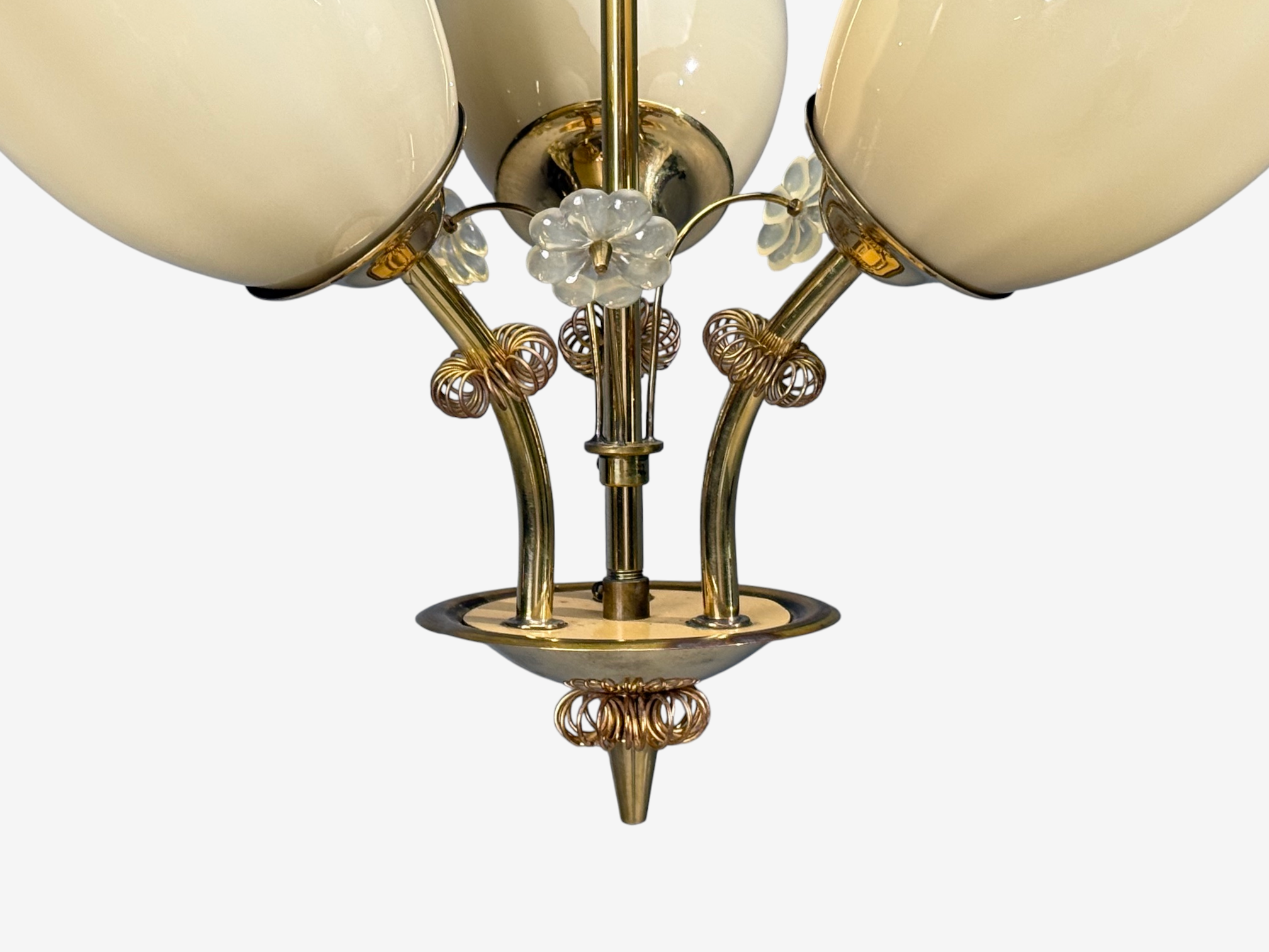 Itsu, Finnish Modern, Snowflake Chandelier, Brass, Glass, Finland, 1950s