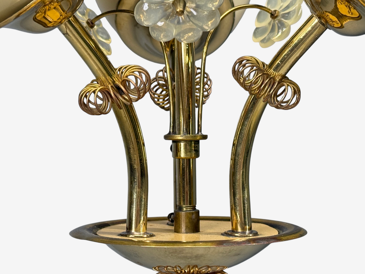 Itsu, Finnish Modern, Snowflake Chandelier, Brass, Glass, Finland, 1950s