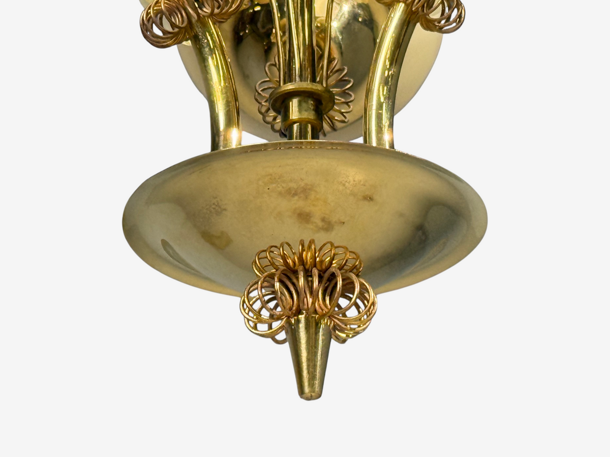 Itsu, Finnish Modern, Snowflake Chandelier, Brass, Glass, Finland, 1950s