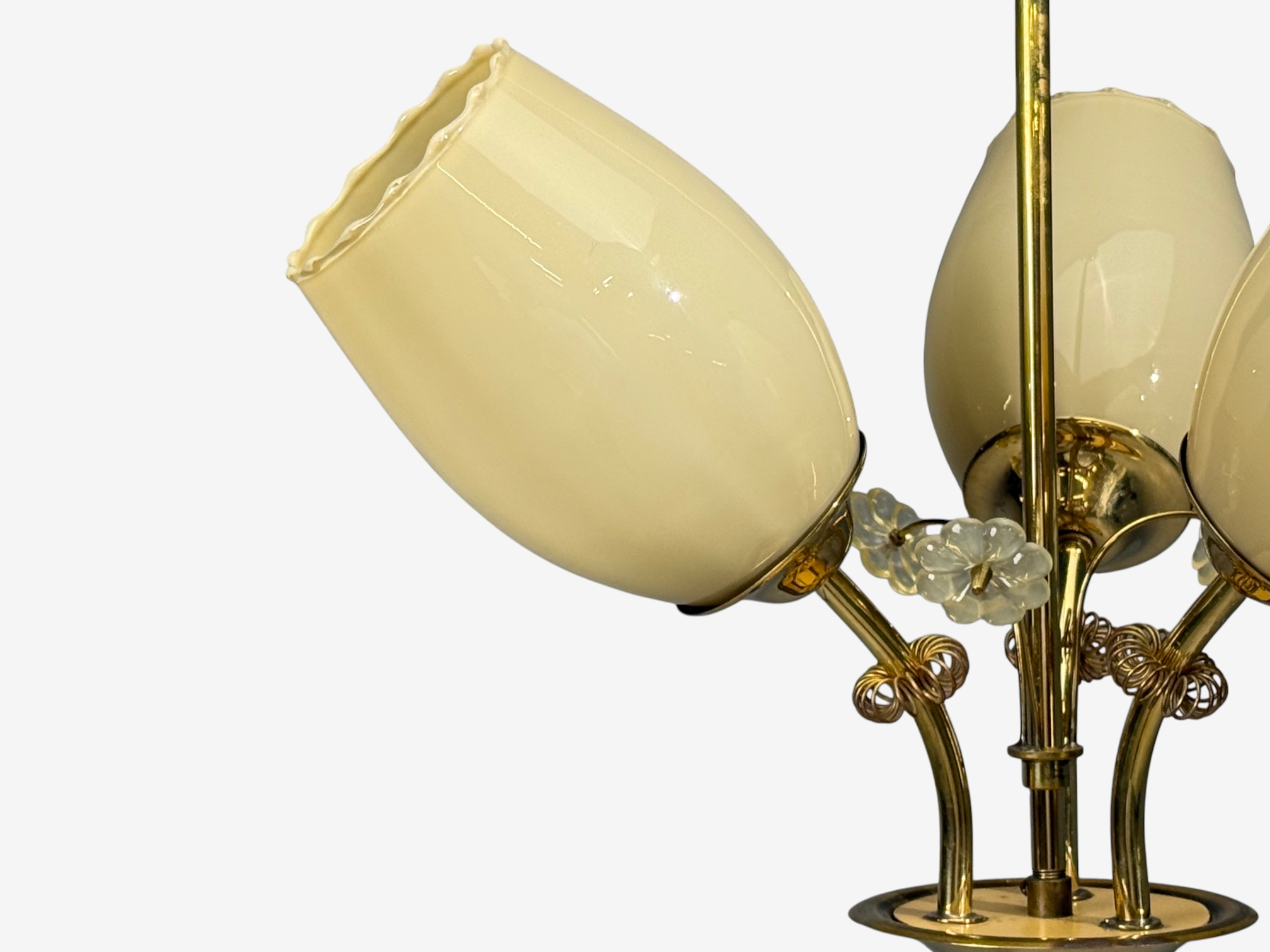 Itsu, Finnish Modern, Snowflake Chandelier, Brass, Glass, Finland, 1950s