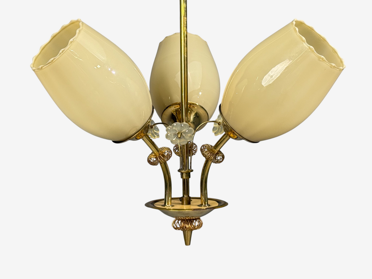 Itsu, Finnish Modern, Snowflake Chandelier, Brass, Glass, Finland, 1950s