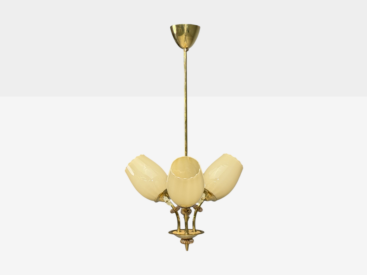 Itsu, Finnish Modern, Snowflake Chandelier, Brass, Glass, Finland, 1950s