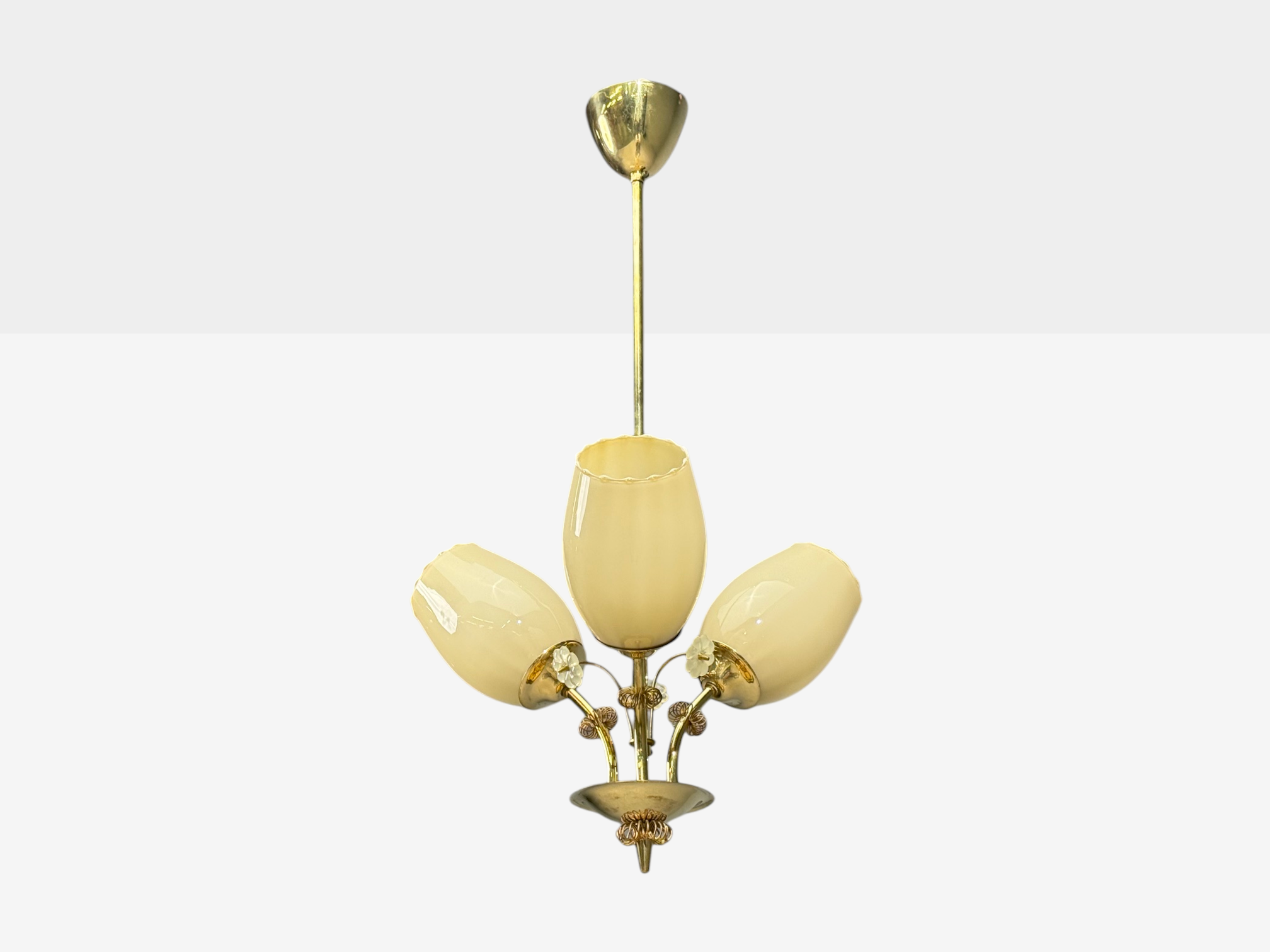 Itsu, Finnish Modern, Snowflake Chandelier, Brass, Glass, Finland, 1950s
