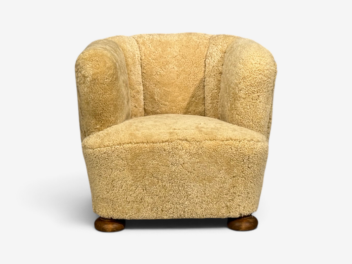 Danish Modern, Banana Style Tub Chair, Beech, Honey Sheepskin, Denmark, 1930s