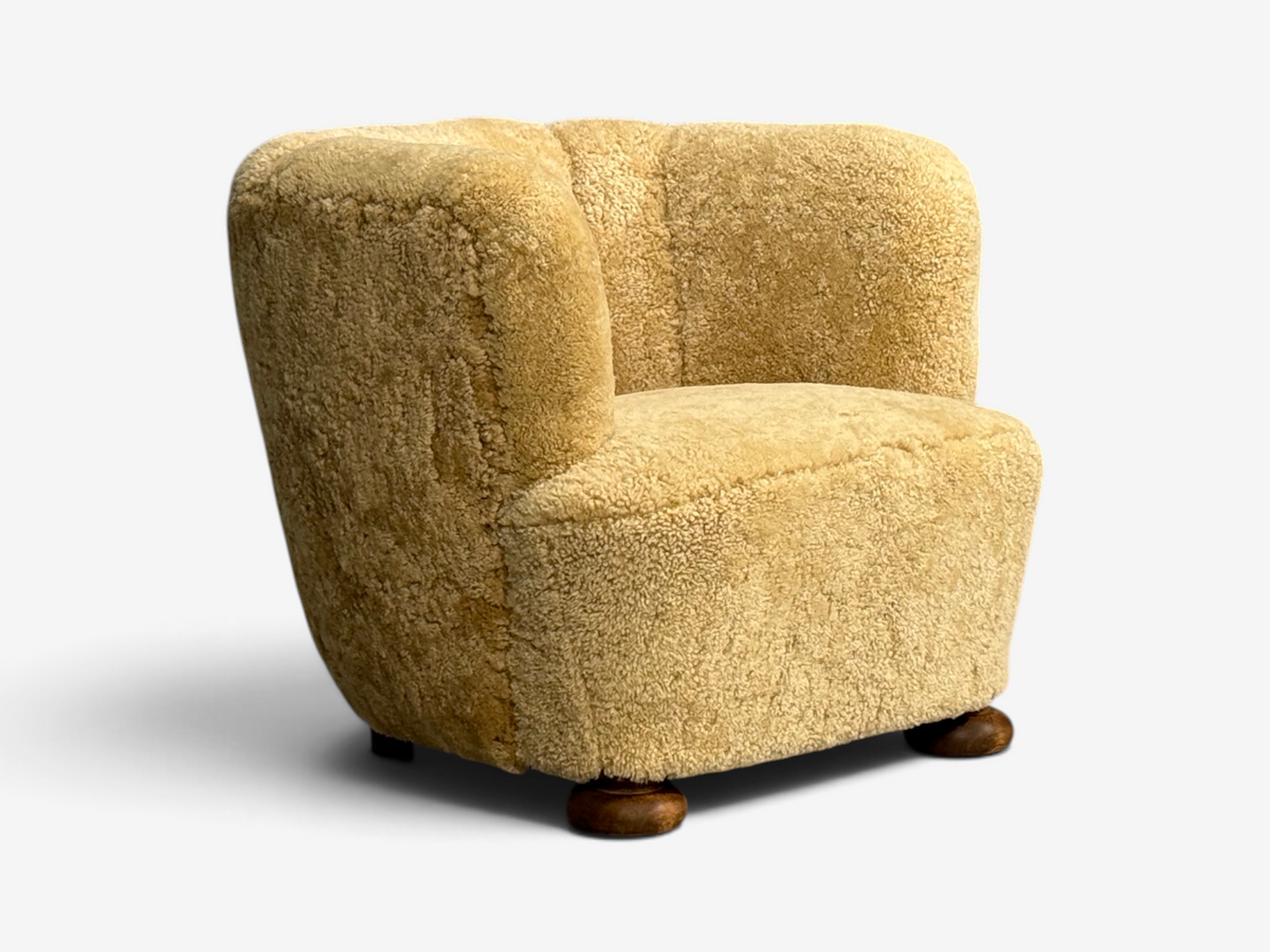 Danish Modern, Banana Style Tub Chair, Beech, Honey Sheepskin, Denmark, 1930s
