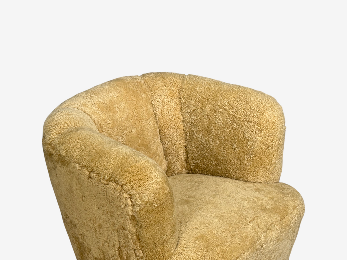 Danish Modern, Banana Style Tub Chair, Beech, Honey Sheepskin, Denmark, 1930s