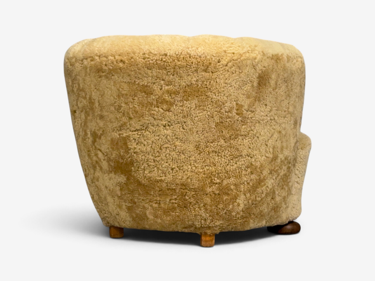 Danish Modern, Banana Style Tub Chair, Beech, Honey Sheepskin, Denmark, 1930s