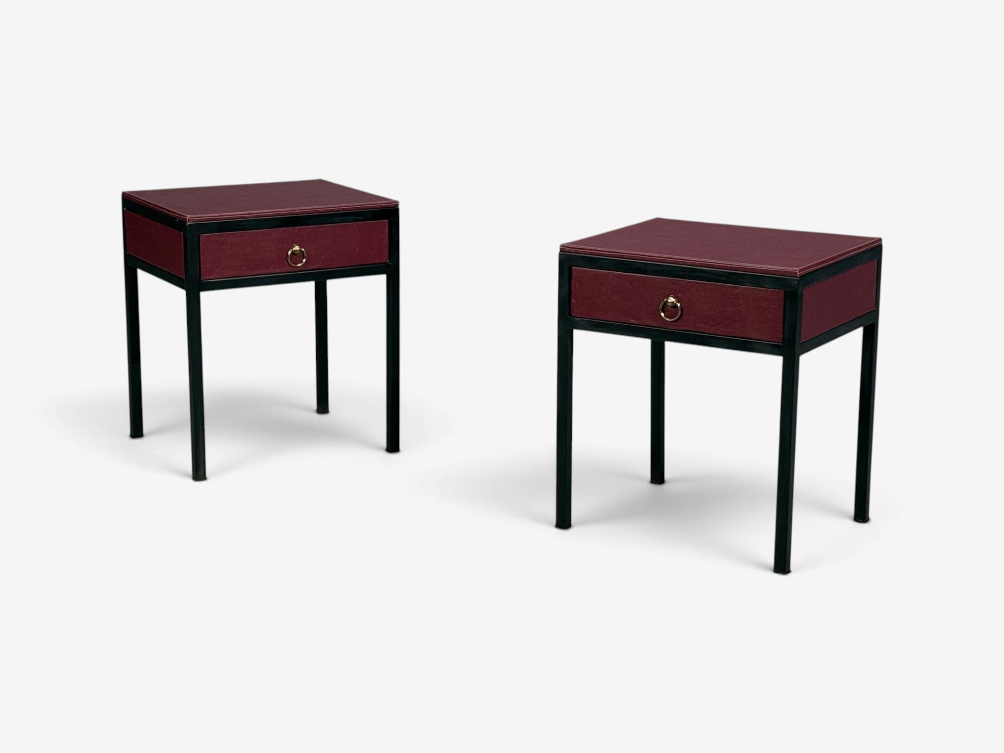 Jean-Michel Frank Style, Nightstands, Burgundy Leather, Iron