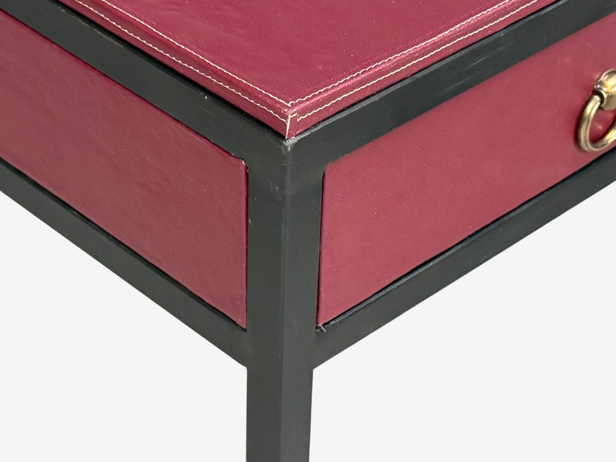 Jean-Michel Frank Style, Nightstands, Burgundy Leather, Iron