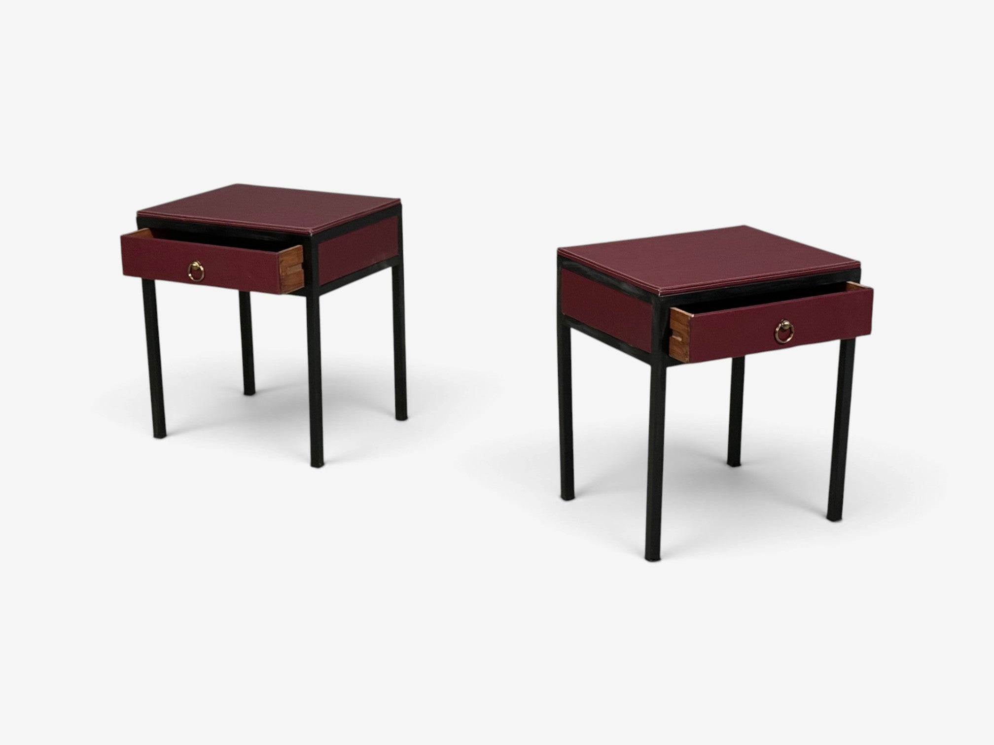 Jean-Michel Frank Style, Nightstands, Burgundy Leather, Iron