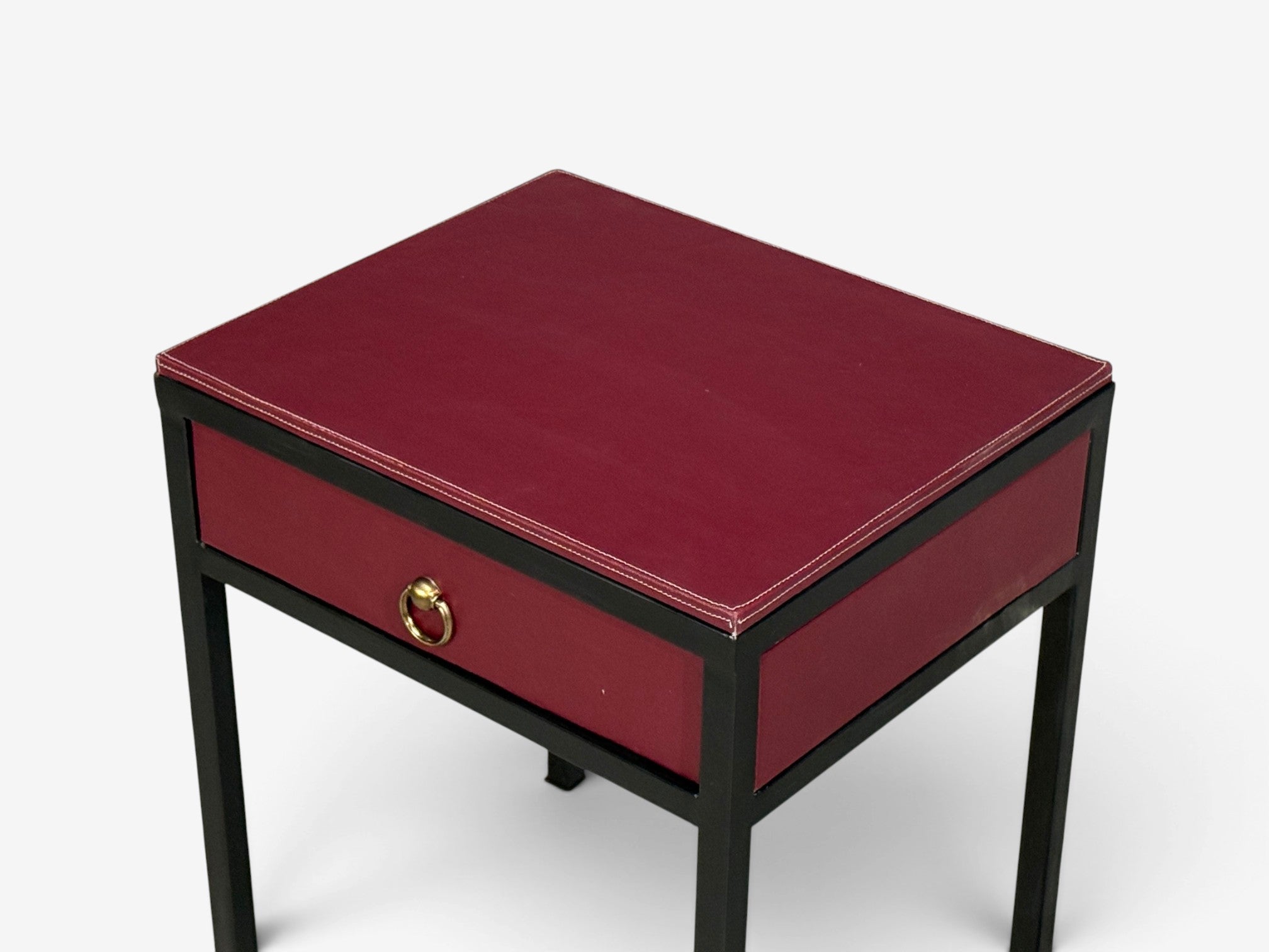 Jean-Michel Frank Style, Nightstands, Burgundy Leather, Iron