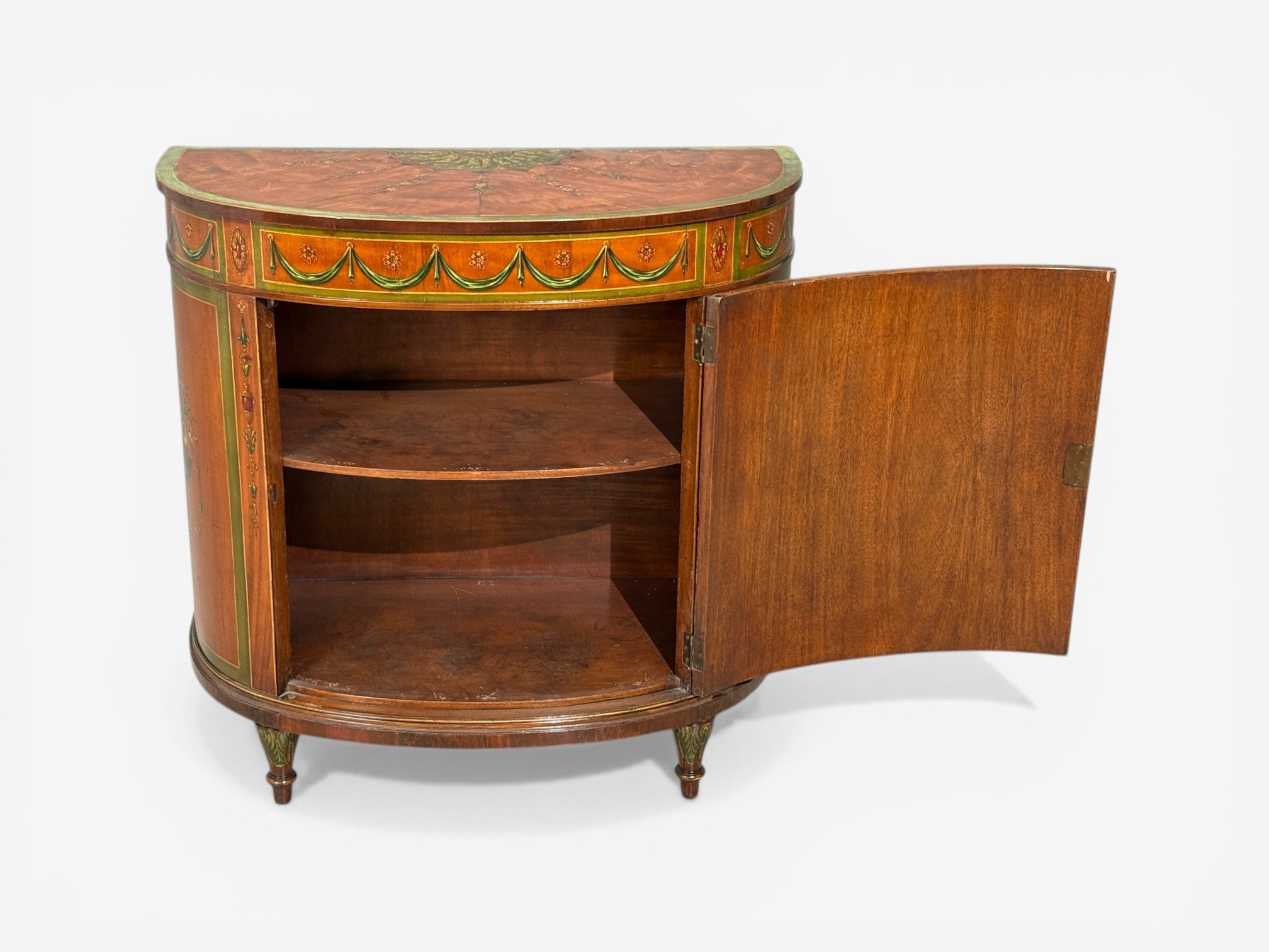 Edwardian, Adams Paint Decorated Demilune Cabinet, Inlaid Wood, 19th c.