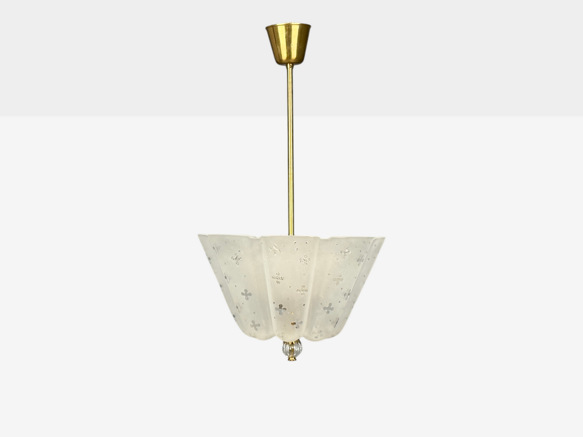 Nils Landberg, Rare Chandelier, Etched Glass, Brass, Sweden, 1940s