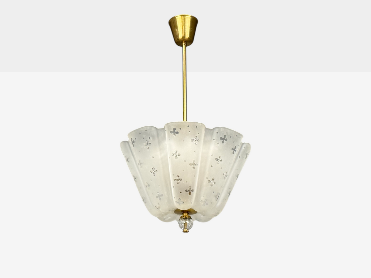 Nils Landberg, Rare Chandelier, Etched Glass, Brass, Sweden, 1940s